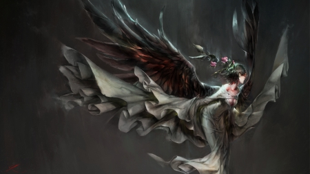 arcangel - anime, female, dress, flowers, art, abstract, girl, beauty, lovely, black, fantasy, grey, arcangel, woman, wings, cute, feathers