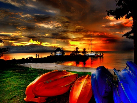 sunset on far shore - bright, vivid, colors, beautiful