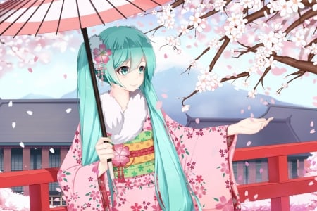 Sakura Miku - girl, long hair, japanese, cherry blossom, sakura, japan, pink, vocaloid, miku, flowers, kimono