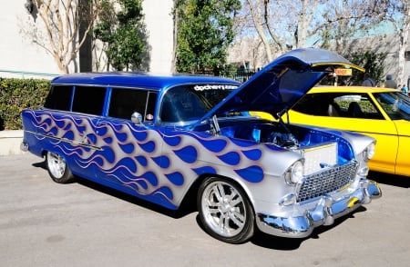 1955-Chevrolet-Wagon - GM, Blue, Classic, Silver Flames