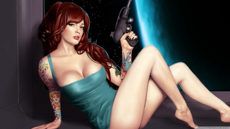 redhead - woman, gun, tattoo, redhead