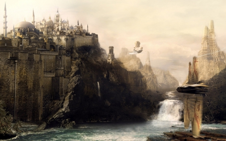 ancient castle - cliff, river, airship, castle