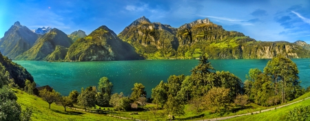 Lake Lucerne, Panorama - trees, panorama, summer, mountains, road, forest, beautiful, green, alps, waters, house, switzerland