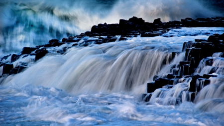 Winter - waterfall - clouds, waterfall, Winter, rocks, sky