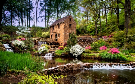 SPRING from the MILL - cottage, water streams, old mill, spring, rocks, nature, beautiful, splendor, enchanting nature, flower