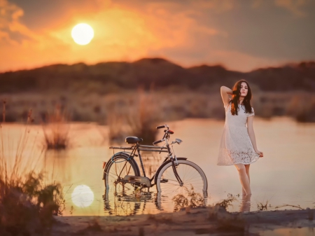 Beauty - lake, sky, lady, bike, female, girl, photography, winter, bicycle, sunset, model, nature, reflection