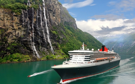 Ship - sky, river, waterfall, ship, photography, mountain