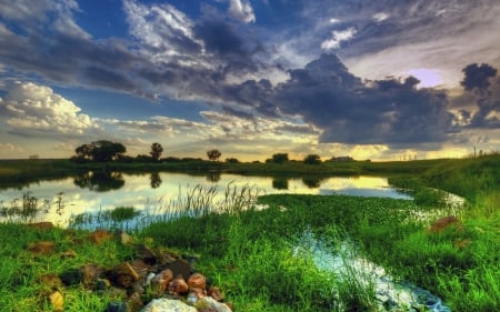 Perfect pond - cloud, summer, sky, rock, pond, nature