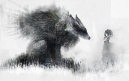 art - black, white, wolf, girl, art