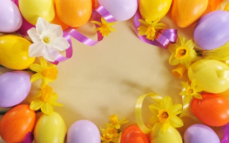 Happy Easter! - easter, spring, white, purple, yellow, easter eggs, orange, egg, flowers, colors, flower