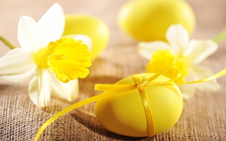 Happy Easter! - easter, white, yellow, spring, egg, bow, flower