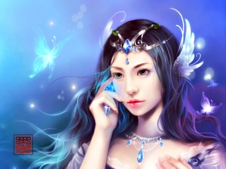 Princess - blue, pendant, girl, feather, fantasy, purple, woman, butterfly, feimo, art, asian, luminos