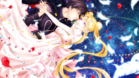 Endymion and Serenity - black, blonde, mamoru, girl, manga, endymion, sailor moon, tuxedo mask, akinashi, couple, feather, pink, water, love, anime, serenity, dress, blue, man