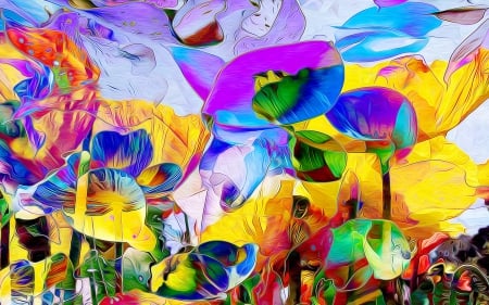 Flowers - rainbow, colorful, field, poster, painting, art, purple, yellow, blue, flower