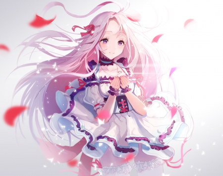 Anime girl - white, red, pretty, petals, beautiful, anime, girl, dress