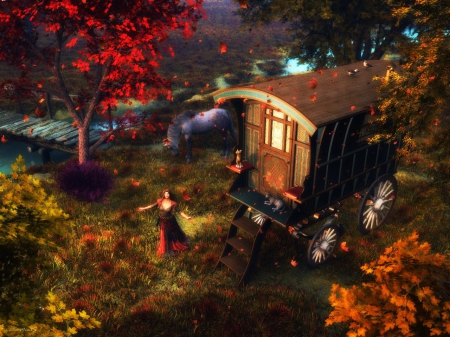 Autumn Evening - woman, horse, trees, cart, artwork, leaves, digital