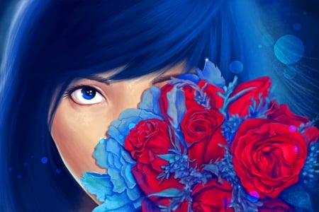 Forgiveness - women, roses, fantasy, eastern, blue eyes