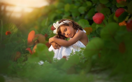 A small girl - white, flowers, a small girl, dress