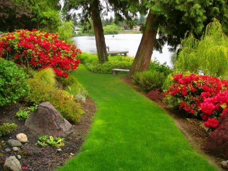 Spring garden - pretty, bushes, grass, spring, walk, alleys, flowers, view, garden, lake, trees, beautiful, slope, lovely, freshness, river, nature, park