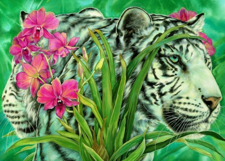 wildlife - wildlife, art, wildcat, flower