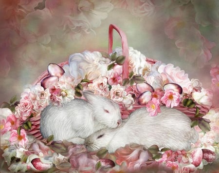 easter surprise - roses, animals, easter, basket, bunny, surprise, spring, rabbits, painting, eggs, blossoms, artwork, holiday, paintings, love four seasons, bunnies, flowers