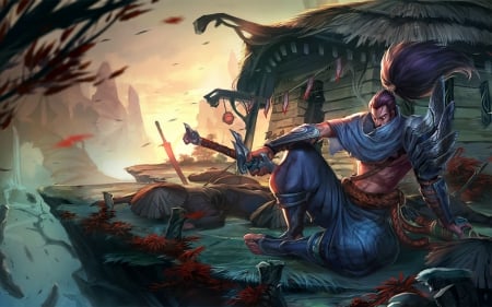 Yasuo - armor, game, fantasy, league of legends, blue, yasuo, man