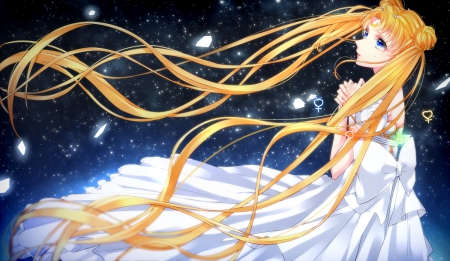 Serenity - pixiv, girl, serenity, sailor moon, white, yellow, blue, anime, manga, dress, blonde