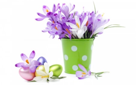 Happy Easter! - spring, flower, pink, easter, white, purple, green, egg, crocus, dot