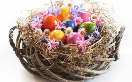 Happy Easter! - yellow, blue, flower, pink, easter, basket, colorful, white, red, green, egg