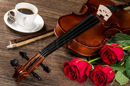 Break for Coffee - roses, blossoms, violin, artwork, still life, cup