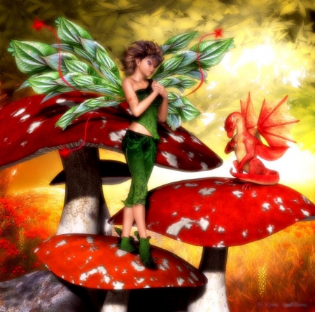 Fairytale - mushrooms, artwork, wings, dragon, fairy