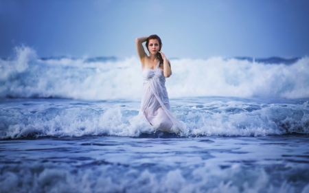 In the blue - summer, water, ocean, girl, blue, white, sea, waves, woman