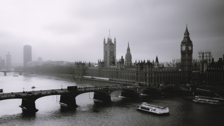 Foggy London - 1920x1080, england, thames, big ben