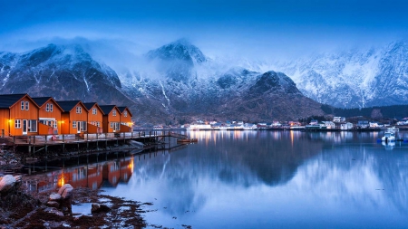 Snowy Peaks At The Bay - houses, wooden dock, water, mountains, tranquility, pier, norway, reflection, beautiful, city, fjord