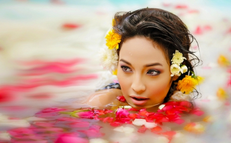 Women of the World - woman, serene, girl, swimming, photography, beautiful, flowers