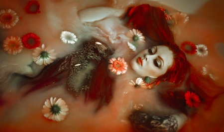 She - water, beautiful, photography, serene, girl, red head, flowers, fantasy, digital, woman, art