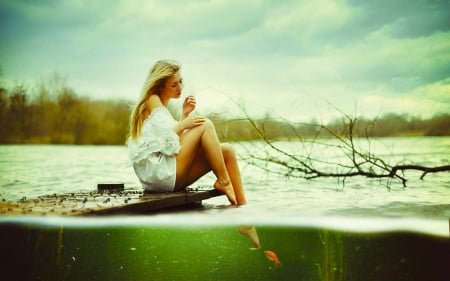 Blonde and Goldfish - goldfish, legs, beautiful, photography, girl, blonde, vijver, fantasy, nature, digital, woman, fish, art