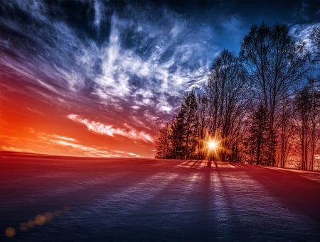 Splendor - rays, sky, winter, sunset, nature, winter time, clouds, snow, sunrise