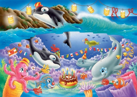 happy birthday - ocean, party, birthday, child, color, delphins, happy