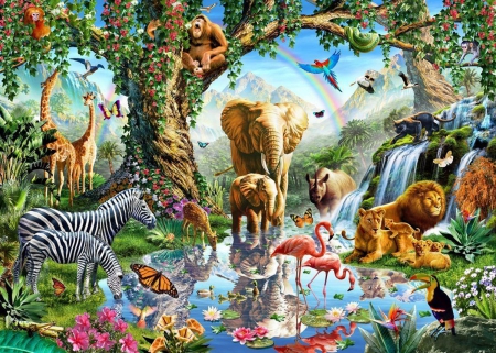 paradise - nature, waterfall, paradise, tree, animals