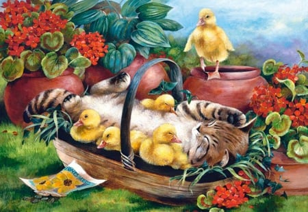 chiken with cat - flowers, easter, garden, cat, chiken