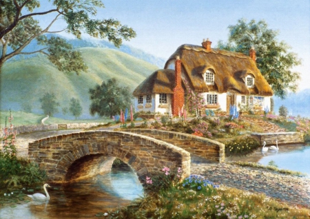 Chaloupka after the bridge - cottage, lake, tree, bridge, hause