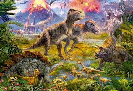 Dinosaur Gathering - Dinosaur, Gathering, montains, wild, family