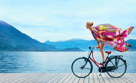 Blonde Girl on Bike - veil, female, legs, beautiful, photography, fashion, girl, figure, bike, scarf, woman, flowing