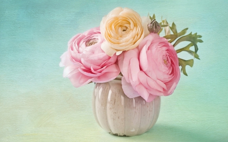 Pretty flowers - flower, pretty, pink, soft, vase, yellow, blue, ranunculus, green