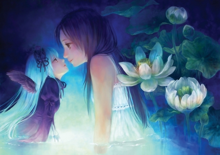 Little fairy - flower, purple, cute, water, girl, blue, art, lotus, wings, white, fantasy, fairy, luminos, green