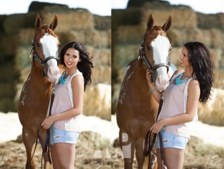 Photoshoot - cowgirl, shorts, horse, hay bales