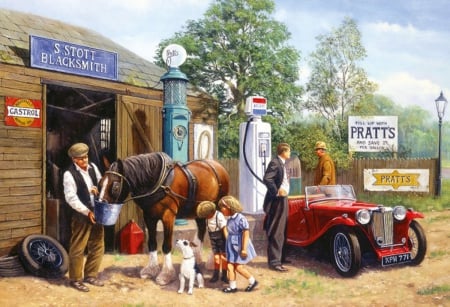 Horse Power - farm, people, animals, power, painting, gasoline, car, horse, artwork, tree, workshop