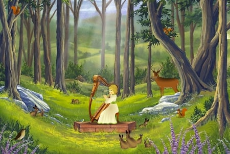 Fairy song in forest - fields, animals, harp, song, colorful, outsoor, lovely, deer, nature, rabbit, forest, beautiful, splendor, fairy, tree, squirrels