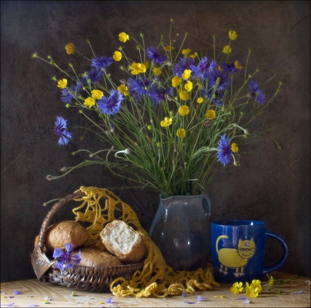 Purple and Yellow - flowers, purple, yellow, still life